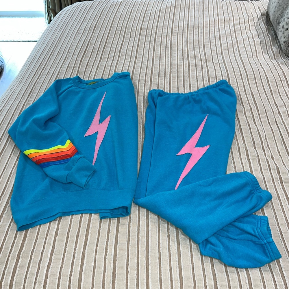 Aviator Nation bright blue bolt sweatshirt and sweatpants.